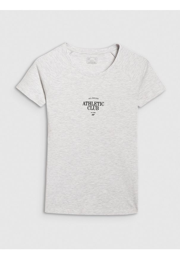 4f - 4F T-shirt slim z nadrukiem damski - szary XL. Okazja: na co dzień. Kolor: szary. Materiał: bawełna, jersey, materiał, elastan. Długość rękawa: raglanowy rękaw. Wzór: nadruk. Styl: sportowy, klasyczny, casual