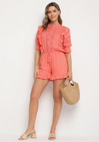 Born2be - Pomarańczowy Kombinezon z Lnu i Wiskozy w Stylu Boho z Falbankami i Koronką Linalisse. Okazja: na co dzień. Kolor: pomarańczowy. Materiał: koronka, len, wiskoza. Wzór: koronka. Styl: boho #2