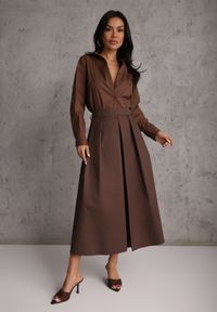 Renee - Brązowa Bawełniana Spódnica o Rozkloszowanym Kroju z Plisami Nerimara. Okazja: na co dzień. Kolor: brązowy. Materiał: bawełna. Wzór: aplikacja. Sezon: lato. Styl: casual #2