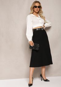 Renee - Czarna Midi Plisowana Spódnica z Gumką w Pasie i Paskiem z Ekoskóry Juara. Kolor: czarny. Materiał: wiskoza. Styl: klasyczny