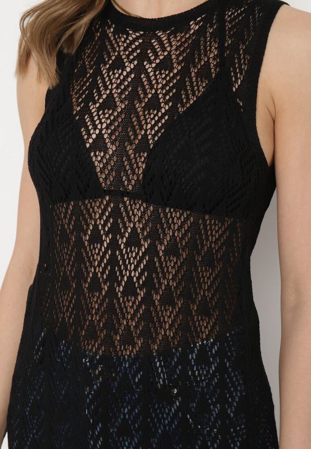 Born2be - Czarna Ażurowa Tunika Boho bez Rękawów Kimalia. Okazja: na co dzień. Kolor: czarny. Materiał: wiskoza. Długość rękawa: bez rękawów. Wzór: ażurowy. Styl: boho