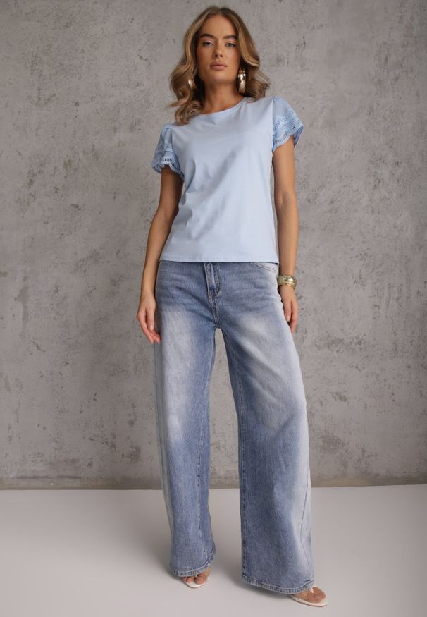 Renee - Niebieski T-shirt z Bawełny z Rękawami z Koronki Hycis. Kolor: niebieski. Materiał: bawełna, koronka. Wzór: koronka