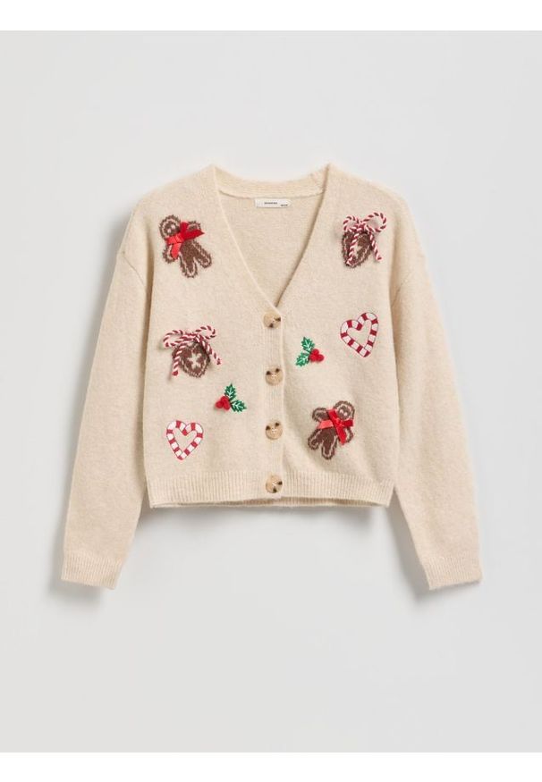 Reserved - Świąteczny kardigan - kremowy. Kolor: kremowy. Materiał: dzianina. Styl: wizytowy
