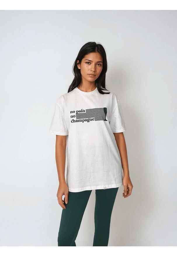 BESHAPED - Biały T-shirt Damski - No Pain No Champagne BeShaped. Kolor: zielony. Materiał: bawełna