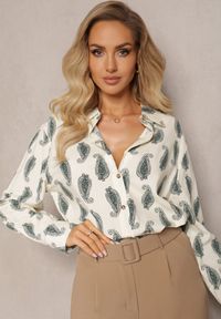 Renee - Beżowo-Zielona Bawełniana Koszula z Drobnym Wzorem Paisley Kaisleigh. Kolor: beżowy. Materiał: bawełna. Wzór: paisley. Styl: klasyczny #5
