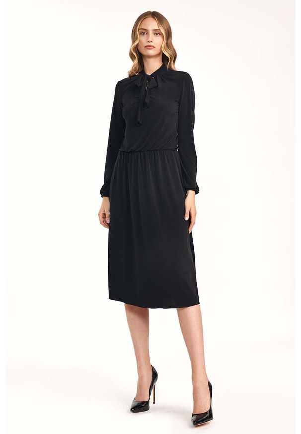 Nife - Wygodna Midi Sukienka z Fontaziem - Czarna. Kolor: czarny. Materiał: elastan. Długość: midi
