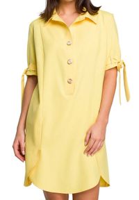BE - Sukienka koszulowa mini z lnem z kołnierzykiem i kieszeniami żółty. Kolor: żółty. Materiał: len. Długość rękawa: krótki rękaw. Sezon: lato. Typ sukienki: koszulowe. Styl: elegancki. Długość: mini #2