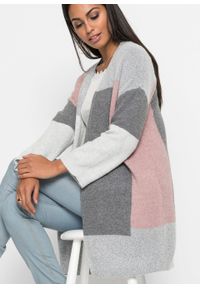 Długi sweter bez zapięcia "colorblocking" bonprix szaro-jasnoróżowy wzorzysty. Kolor: szary. Długość: długie. Wzór: aplikacja #6