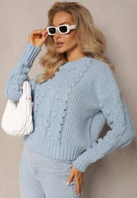 Renee - Niebieski Grubo Pleciony Sweter z Wełną i Bawełną Bavime. Kolor: niebieski. Materiał: bawełna, wełna. Sezon: zima