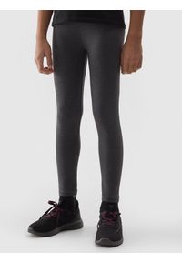 4f - 4F Legginsy dzianinowe dziewczęce - szare 128 (7-8 lat). Okazja: na co dzień. Stan: obniżony. Kolor: szary. Materiał: dzianina. Długość: do kostek. Wzór: gładki, ze splotem. Sezon: lato. Styl: sportowy, casual