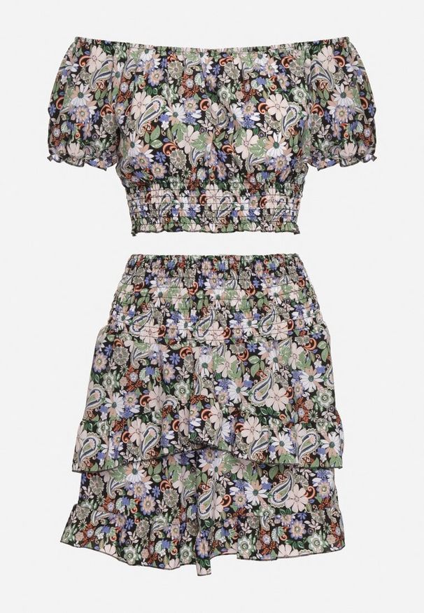 Born2be - Czarno-Fioletowy Komplet 2-Częściowy Bluzka Typu Hiszpanka Spódnica z Falbanką i Gumką w Talii Dimonna. Kolor: czarny