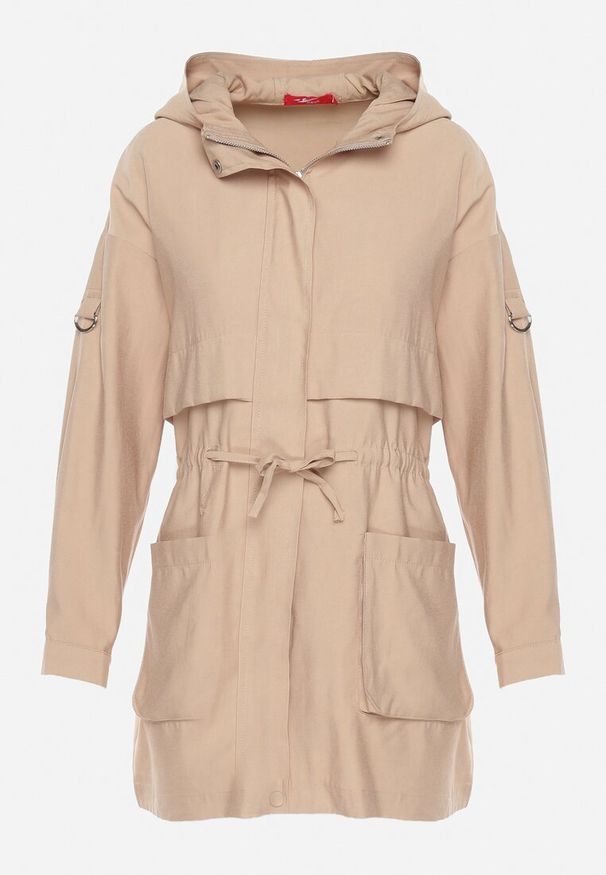 Born2be - Jasnobeżowa Kurtka Parka z Nieodpinanym Kapturem i Troczkiem w Pasie Mevarie. Okazja: na co dzień. Kolor: beżowy. Materiał: jeans. Wzór: aplikacja. Styl: casual, sportowy