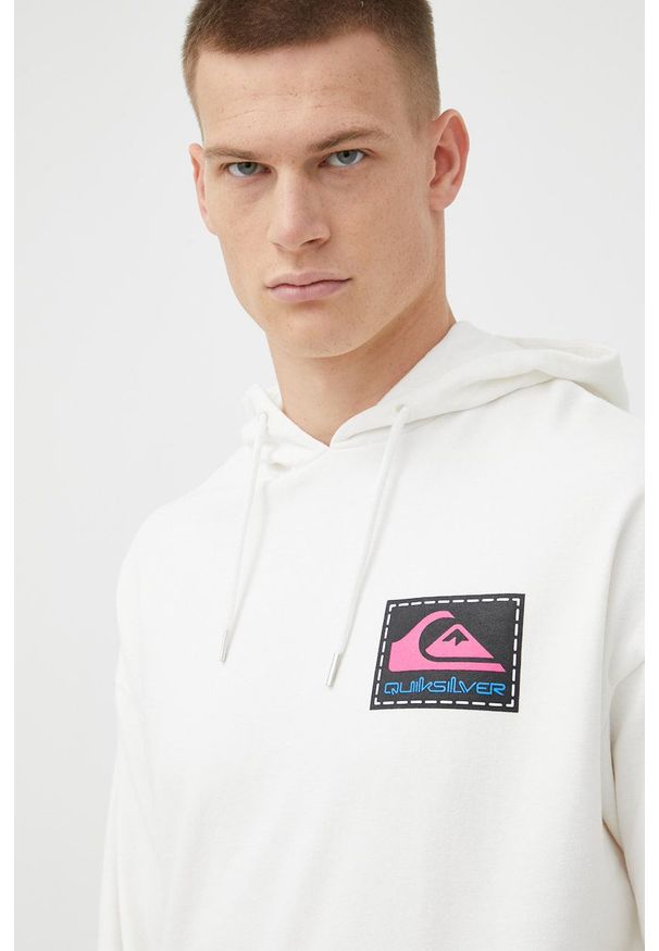 Quiksilver bluza bawełniana x Stranger Things męska kolor biały z kapturem z nadrukiem. Typ kołnierza: kaptur. Kolor: biały. Materiał: bawełna. Wzór: nadruk