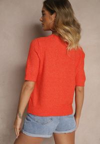 Renee - Pomarańczowy Sweter z Wełną Krótkim Rękawem Ozdobiony Ściągaczami Emiralin. Okazja: na co dzień. Kolor: pomarańczowy. Materiał: wełna. Długość rękawa: krótki rękaw. Długość: krótkie. Wzór: aplikacja. Styl: casual #4