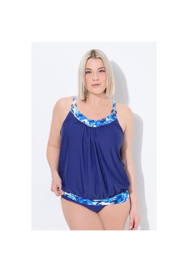 ULLA POPKEN - Damskie Tankini wzorzyste detale miękkie miseczki regulowane ramiączka. Kolekcja: plus size. Kolor: niebieski. Materiał: poliamid, materiał, elastan