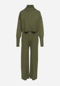 Born2be - Zielony Komplet Dzianinowy z Wiskozą Bluza Golf ze Ściągaczami i Szerokie Spodnie Noridra. Kolor: zielony. Materiał: dzianina, wiskoza #5