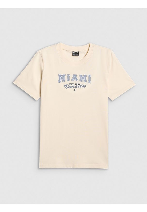 4f - 4F T-shirt regular z nadrukiem damski - beżowy S. Okazja: na co dzień. Kolor: beżowy. Wzór: nadruk. Styl: casual