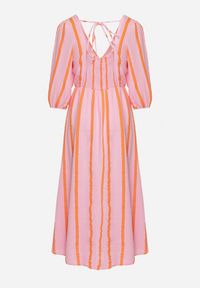 Born2be - Różowo-Pomarańczowa Taliowana Sukienka z Bawełny z Motywem Pasków Rivettes. Okazja: do pracy, na co dzień. Typ kołnierza: dekolt w kształcie V. Kolor: różowy. Materiał: bawełna. Wzór: aplikacja. Typ sukienki: proste. Styl: klasyczny, casual, elegancki #7