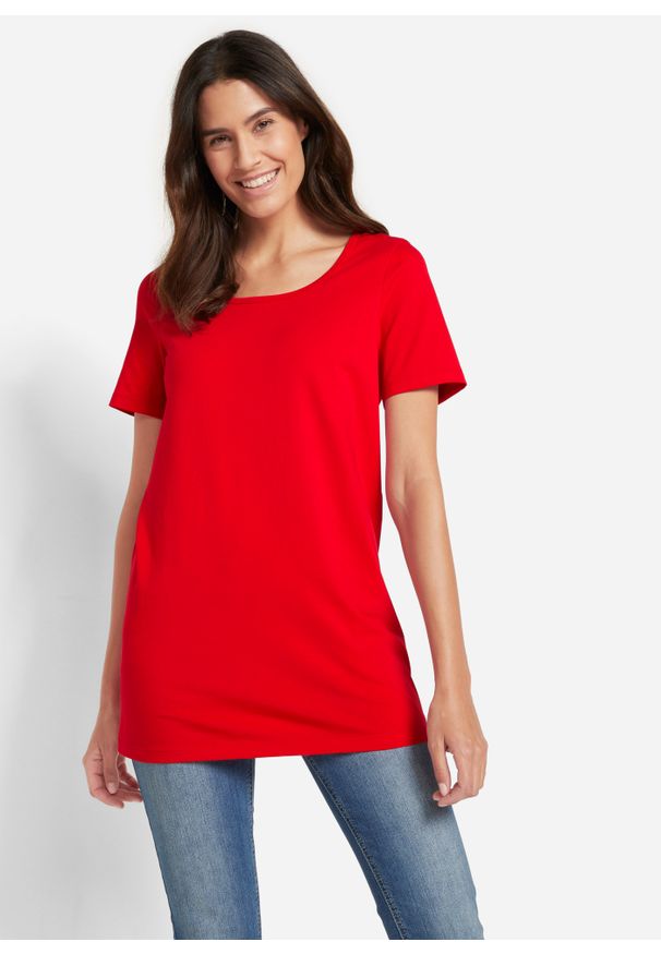 bonprix - Długi t-shirt basic (2 szt.), krótki rękaw. Kolor: czerwony. Długość rękawa: krótki rękaw. Długość: krótkie