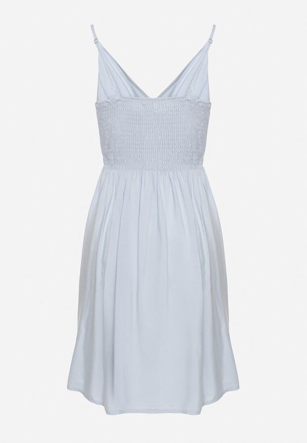 Born2be - Niebieska Bawełniana Sukienka na Cienkich Regulowanych Ramiączkach z Kopertowym Dekoltem Pennea. Okazja: na co dzień. Typ kołnierza: dekolt kopertowy. Kolor: niebieski. Materiał: bawełna. Długość rękawa: na ramiączkach. Typ sukienki: kopertowe. Styl: elegancki, sportowy, casual