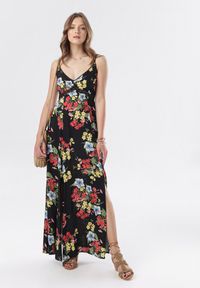 Born2be - Czarna Sukienka Eirevianna. Kolor: czarny. Materiał: koronka. Długość rękawa: na ramiączkach. Wzór: kwiaty #1