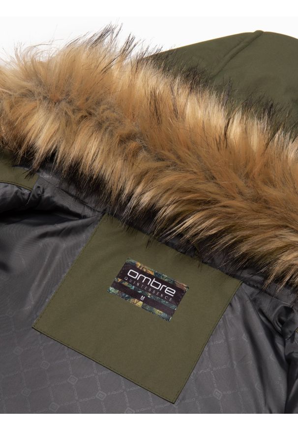 Ombre Clothing - Męska ocieplana kurtka alaska z kieszeniami i rozpinanym dołem – ciemnooliwkowa V3 OM-JALJ-0148 - XXL. Typ kołnierza: kaptur. Kolor: oliwkowy. Materiał: materiał, syntetyk. Długość: długie. Wzór: moro. Styl: militarny