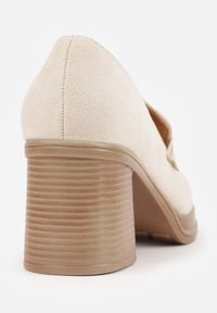 Born2be - Beżowe Półbuty Mokasyny na Wysokim Słupku z Cyrkoniami Remenia. Kolor: beżowy. Obcas: na słupku. Styl: elegancki. Wysokość obcasa: średni #9
