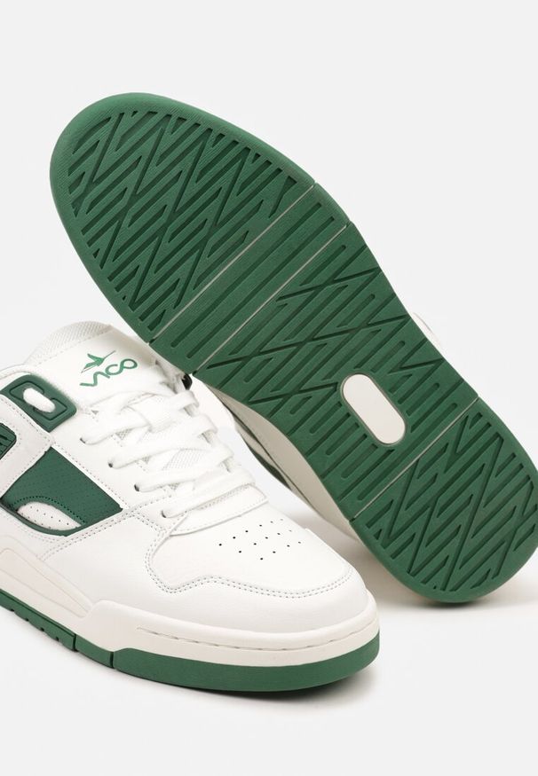 Born2be - Biało-Zielone Płaskie Sznurowane Buty Sportowe Sneakersy z Geometrycznym Wzorem Eliraya. Okazja: na co dzień. Zapięcie: sznurówki. Kolor: biały. Materiał: jeans, len. Wzór: geometria. Obcas: na obcasie. Wysokość obcasa: niski