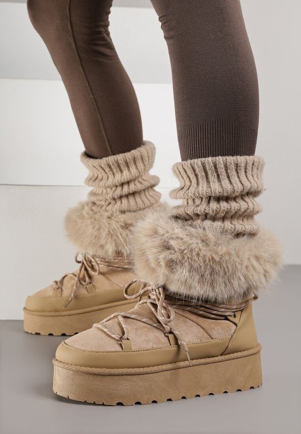 Born2be - Ciemnobeżowe Śniegowce na Grubej Podeszwie z Futerkiem Tesila. Okazja: na co dzień. Kolor: beżowy. Materiał: futro. Styl: casual