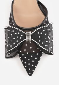 Renee - Czarne Eleganckie Siateczkowe Szpilki VICES z Paskiem na Pięcie Kokardą i Cyrkoniami Otinda. Okazja: na randkę, na imprezę. Zapięcie: pasek. Kolor: czarny. Materiał: satyna. Szerokość cholewki: normalna. Obcas: na szpilce. Styl: elegancki. Wysokość obcasa: średni #7