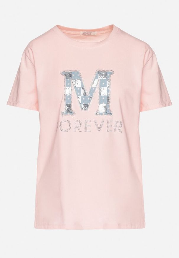 Born2be - Różowy T-shirt z Bawełny Ozdobiony Napisem i Cyrkoniami Olireth. Okazja: na co dzień. Kolor: różowy. Materiał: bawełna. Wzór: napisy, aplikacja. Styl: elegancki, casual