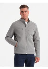 Ombre Clothing - Męska kurtka typu biker z kieszeniami i stójką – szara V3 - Rozmiar: XL. Okazja: na co dzień. Typ kołnierza: kołnierzyk stójkowy. Kolor: szary. Materiał: syntetyk, tkanina, poliester, materiał. Wzór: ze splotem. Styl: casual #5