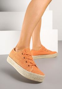 Renee - Pomarańczowe Trampki Ozdobione Plecionką Filatera. Okazja: na co dzień. Kolor: pomarańczowy. Materiał: jeans, materiał. Wzór: aplikacja. Obcas: na platformie. Styl: casual, elegancki