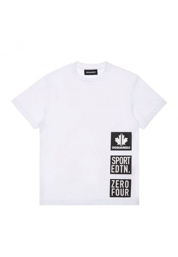 DSQUARED2 KIDS - Biały t-shirt z nadrukami 4-16 lat. Kolor: biały. Materiał: bawełna. Długość rękawa: krótki rękaw. Wzór: nadruk. Sezon: lato