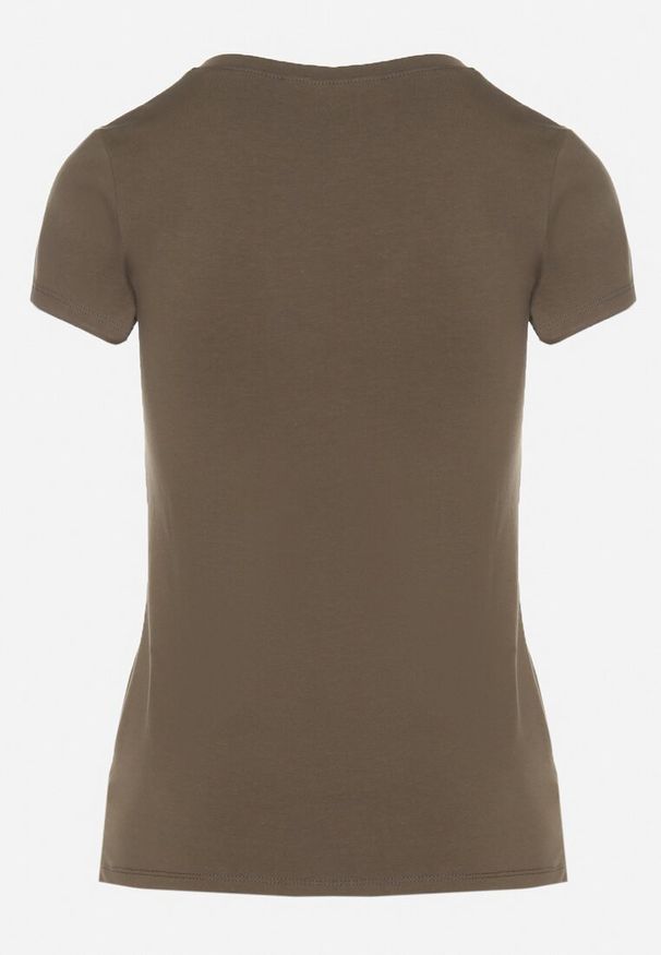Born2be - Ciemnozielony T-shirt z Bawełny z Dekoltem w Serek Liniviela. Okazja: na co dzień. Typ kołnierza: dekolt w serek. Kolor: zielony. Materiał: bawełna. Styl: casual