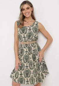 Born2be - Beżowo-Zielona Rozkloszowana Sukienka z Bawełny bez Rękawów Horrilla. Kolor: beżowy. Materiał: bawełna. Długość rękawa: bez rękawów. Sezon: lato. Styl: boho #6