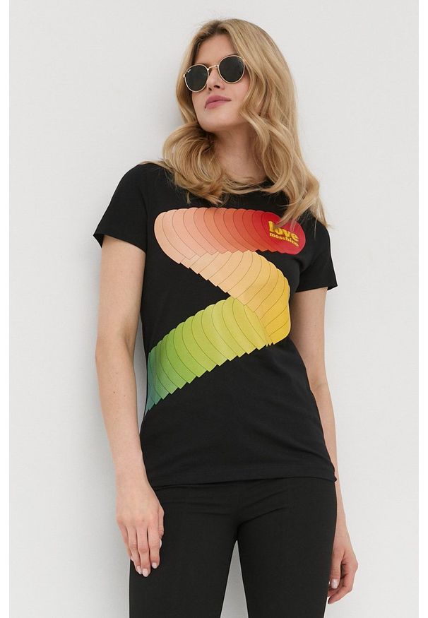 Love Moschino t-shirt bawełniany kolor czarny. Okazja: na co dzień. Kolor: czarny. Materiał: bawełna. Wzór: nadruk. Styl: casual