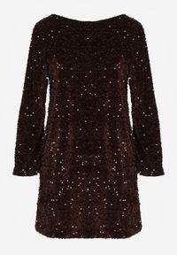 Born2be - Brązowa Cekinowa Sukienka z Odkrytymi Plecami i Wiązaniem Diadina. Kolor: brązowy. Materiał: wiskoza, elastan, futro. Wzór: aplikacja. Styl: wizytowy, elegancki #4