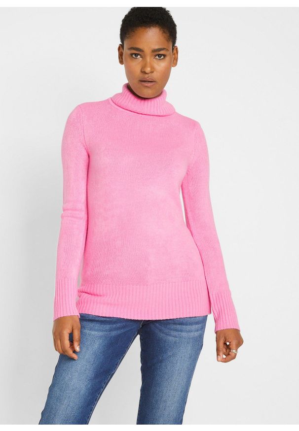 bonprix - Sweter basic z golfem. Typ kołnierza: golf. Kolor: różowy. Materiał: prążkowany. Wzór: prążki