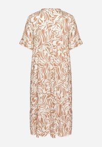 Born2be - Ciemnobeżowa Sukienka z Wiskozy o Prostym Kroju z Wiązaniem w Roślinny Wzór Edirania. Okazja: na co dzień. Typ kołnierza: dekolt w serek. Kolekcja: plus size. Kolor: beżowy. Wzór: aplikacja. Typ sukienki: proste. Materiał: wiskoza. Długość rękawa: krótki rękaw. Styl: casual, elegancki, klasyczny #7