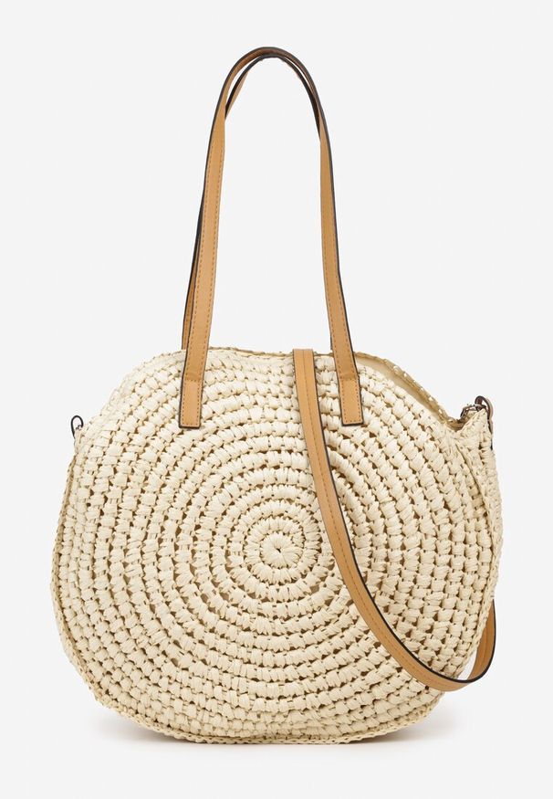 Born2be - Jasnobeżowa Okrągła Torebka Typu Shopper z Plecionki z Dodatkowym Paskiem Enirta. Kolor: beżowy. Sezon: lato. Styl: elegancki, casual