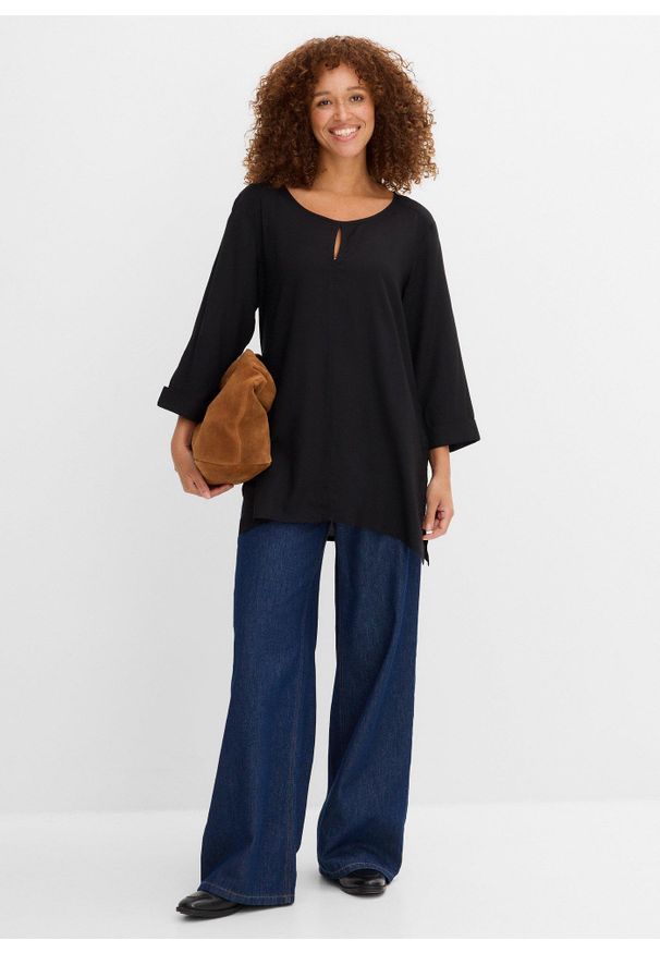 bonprix - Bluzka koszulowa z czystej wiskozy. Kolor: czarny. Materiał: wiskoza. Długość: długie