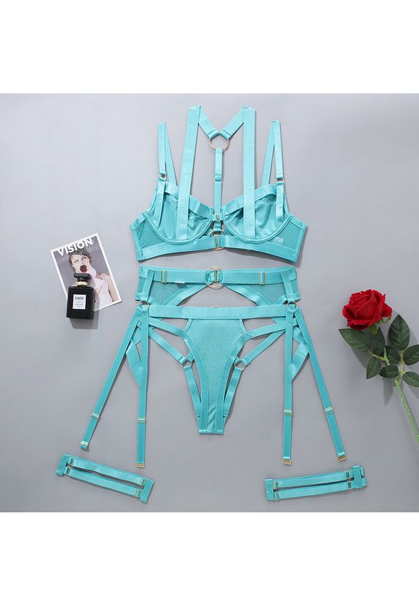 Intica - Komplet bielizny z pasem do pończoch regulowane zapięcia Dalija. Kolor: niebieski. Materiał: materiał. Wzór: paski