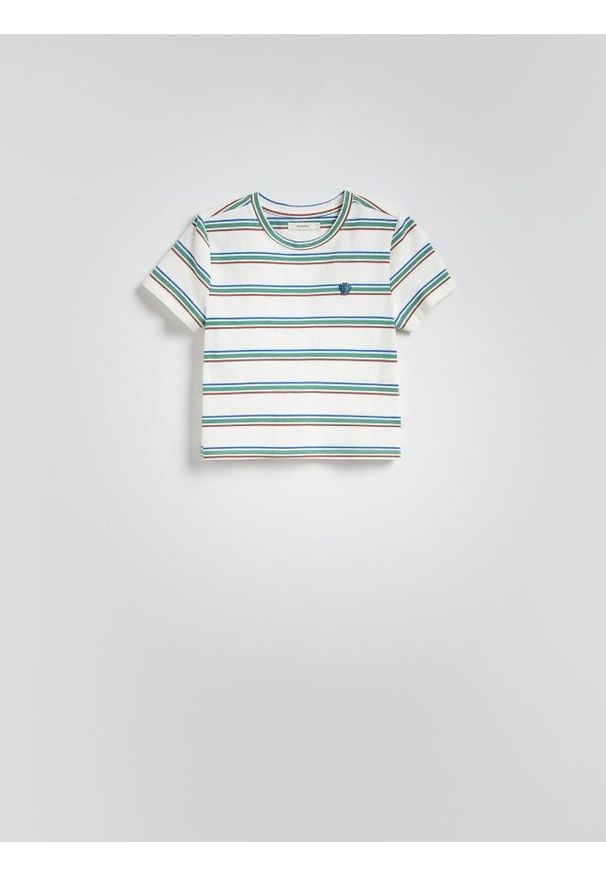 Reserved - T-shirt w paski - złamana biel. Materiał: bawełna, dzianina. Wzór: paski