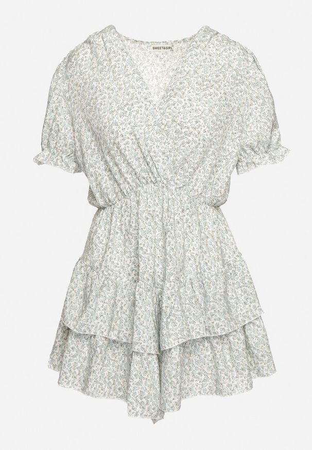 Born2be - Biało-Zielona Sukienka Mini z Falbankami i Kopertowym Dekoltem z Gumką w Talii Isarola. Typ kołnierza: kołnierz z falbankami. Kolor: biały. Wzór: kwiaty. Sezon: lato. Typ sukienki: kopertowe. Długość: mini