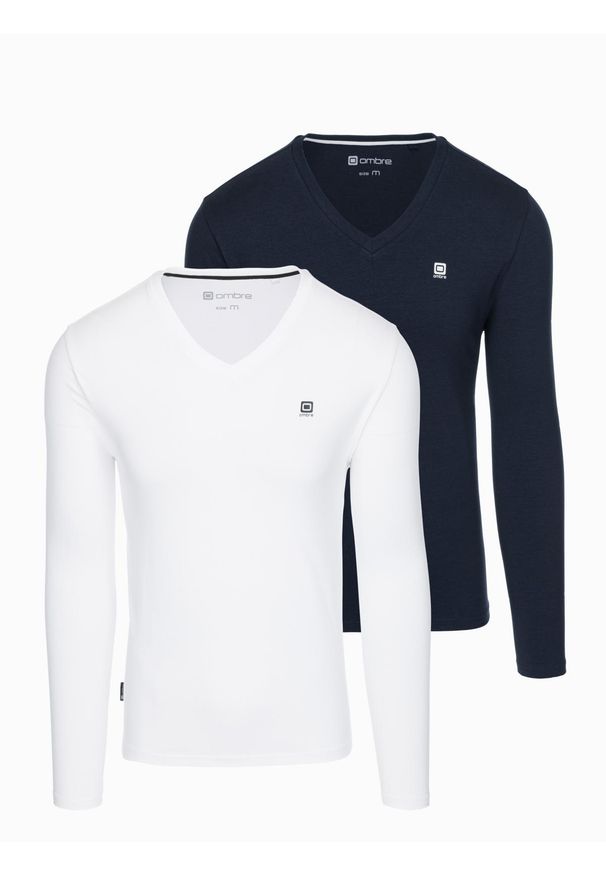 Ombre Clothing - Komplet męskich longsleeve'ów SLIM FIT z dekoltem typu V i logotypem 2-pak – mix biały/granatowy V1 - Rozmiar: XL. Okazja: na co dzień. Kolor: biały. Materiał: bawełna, elastan. Długość rękawa: długi rękaw. Styl: casual