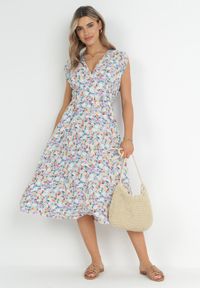 Born2be - Niebieska Sukienka Midi z Gumką w Pasie i Ozdobnym Wiązaniem na Plecach Jeve. Kolor: niebieski. Sezon: wiosna, lato. Długość: midi #4