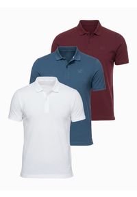 Ombre Clothing - Komplet męskich bawełnianych t-shirtów polo BASIC – biały/bordowy/ciemnoniebieski V4 - Rozmiar: M. Okazja: na co dzień. Typ kołnierza: polo. Kolor: czerwony. Materiał: bawełna. Długość rękawa: krótki rękaw. Długość: krótkie. Wzór: haft. Styl: casual, klasyczny