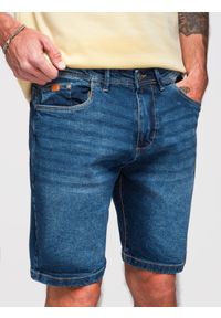 Ombre Clothing - Męskie denimowe szorty o klasycznym kroju – ciemnoniebieskie V3 - Rozmiar: S. Kolor: niebieski. Materiał: jeans, bawełna, elastan, skóra. Wzór: aplikacja. Sezon: lato. Styl: klasyczny