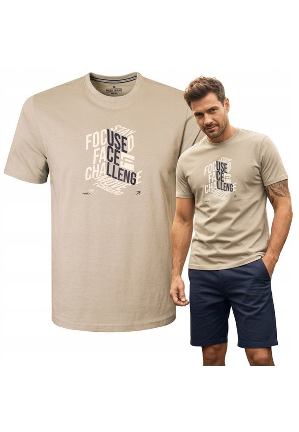 Męska Koszulka (T-Shirt) - Pako Jeans - Beżowa, Napis. Okazja: na co dzień. Kolor: brązowy, beżowy, wielokolorowy. Materiał: bawełna. Wzór: nadruk. Styl: casual